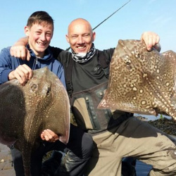 Rob Yorke and Charlie Gray with a shore caught Thornback Ray - 10lb 4 and 12lb (13th April 2014)